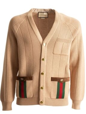 Gucci Ribbed Wool-Blend Cardigan with Web Pocket Detail, XL